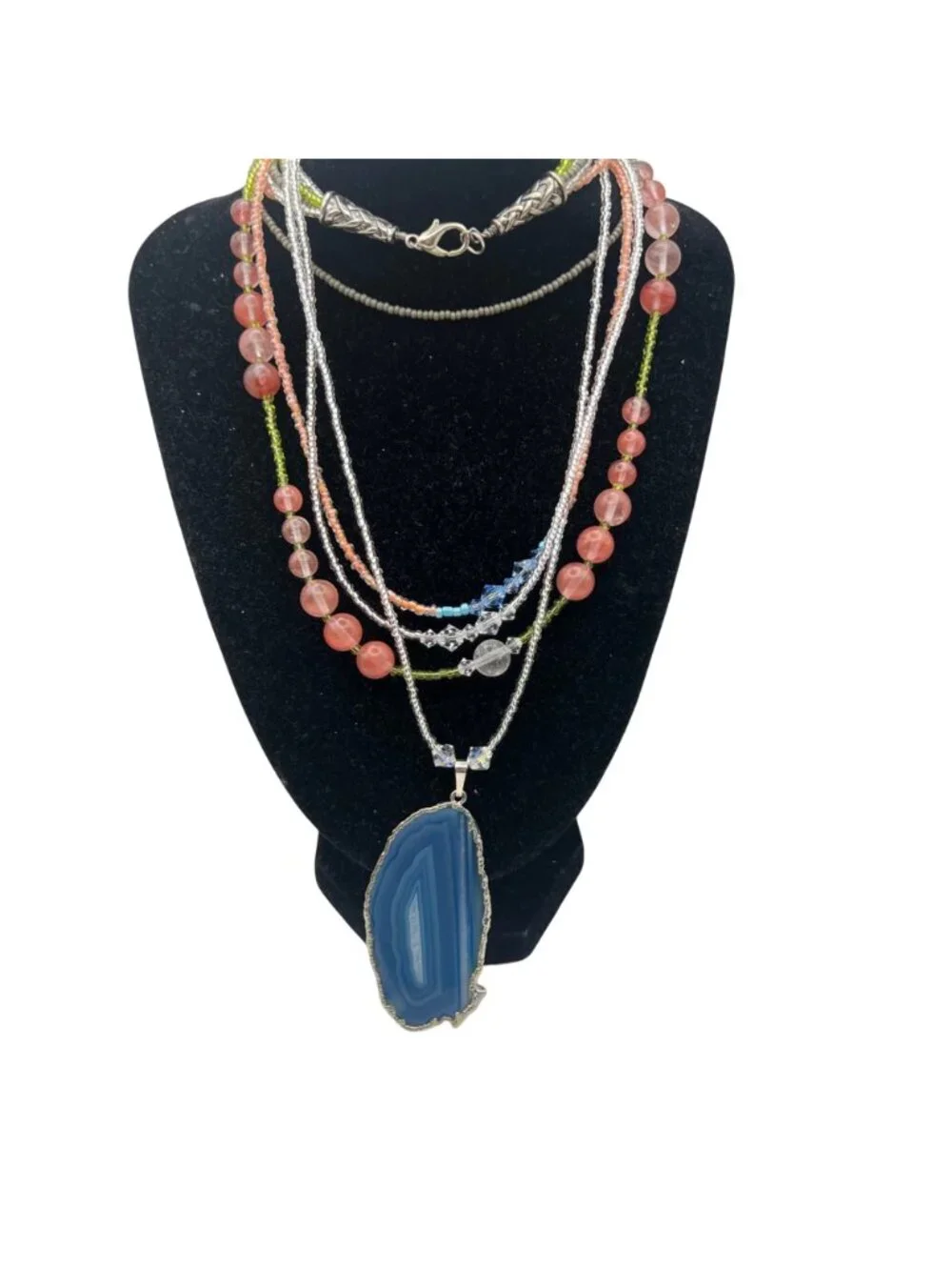 Blue Agate Slice Pendant Necklace Multistrand Beaded Boho Pink Green Glass Layer - Picture 7 of 15